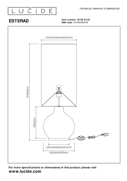 Lucide ESTERAD - Stehlampe - Ø 34 cm - 1xE27 - Schwarz - TECHNISCH